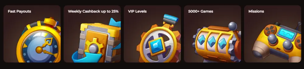 Wyróżniki platformy Vinci Spin, w tym szybkie wypłaty, cotygodniowy cashback i poziomy VIP